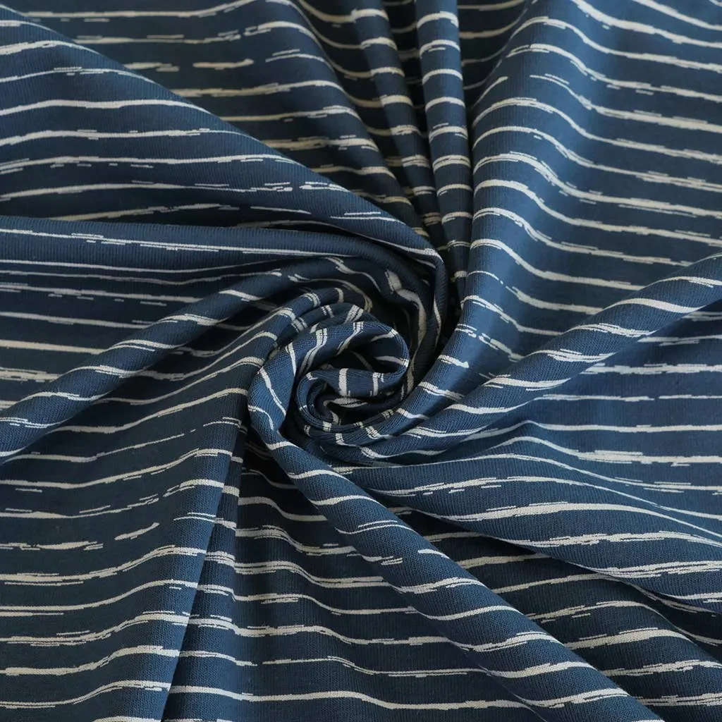 Arizona - Denim Blue Sketch Stripe, Single Jersey Cotton Elastane Print Fabric