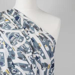 Arizona - Dusty Blue Winter Village, Single Jersey Cotton Elastane Print Fabric