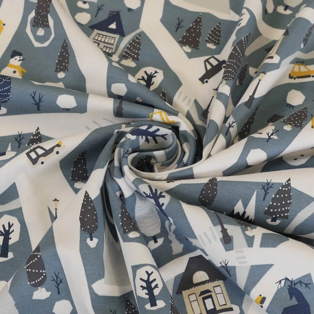 Arizona - Dusty Blue Winter Village, Single Jersey Cotton Elastane Print Fabric