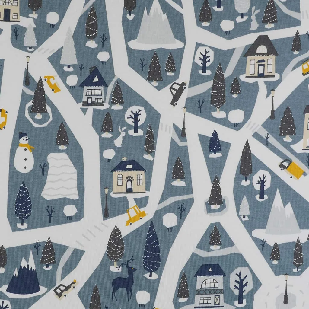 Arizona - Dusty Blue Winter Village, Single Jersey Cotton Elastane Print Fabric