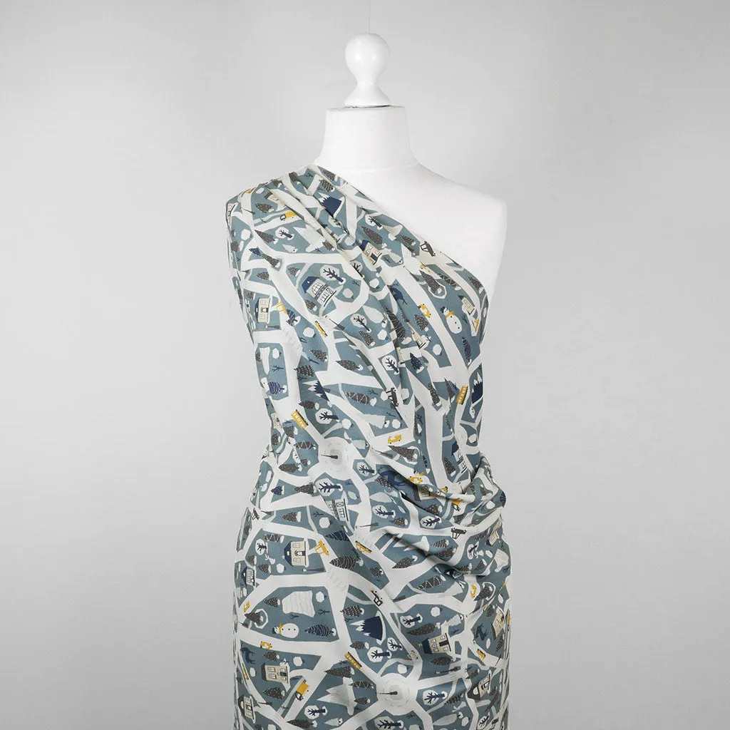 Arizona - Dusty Blue Winter Village, Single Jersey Cotton Elastane Print Fabric