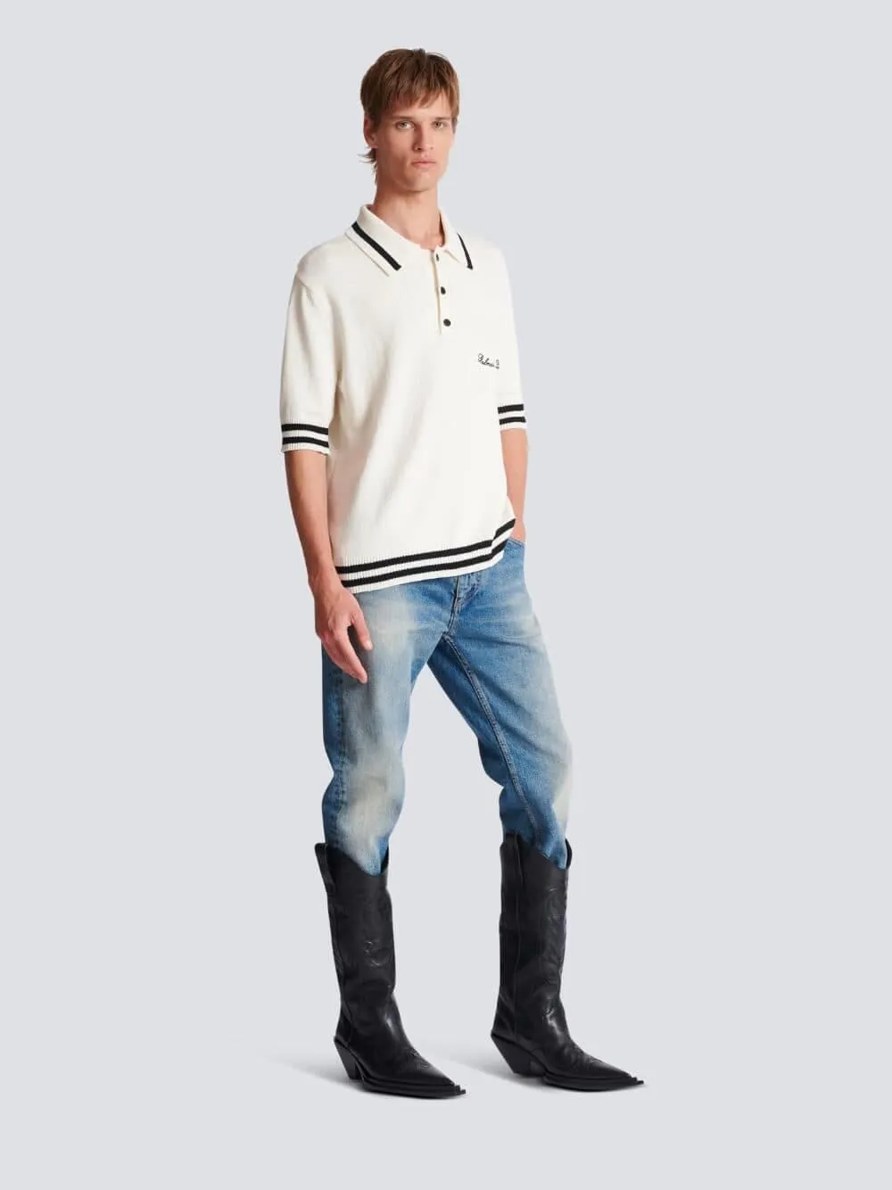Balmain White Signature Embroidered Logo Polo Shirt