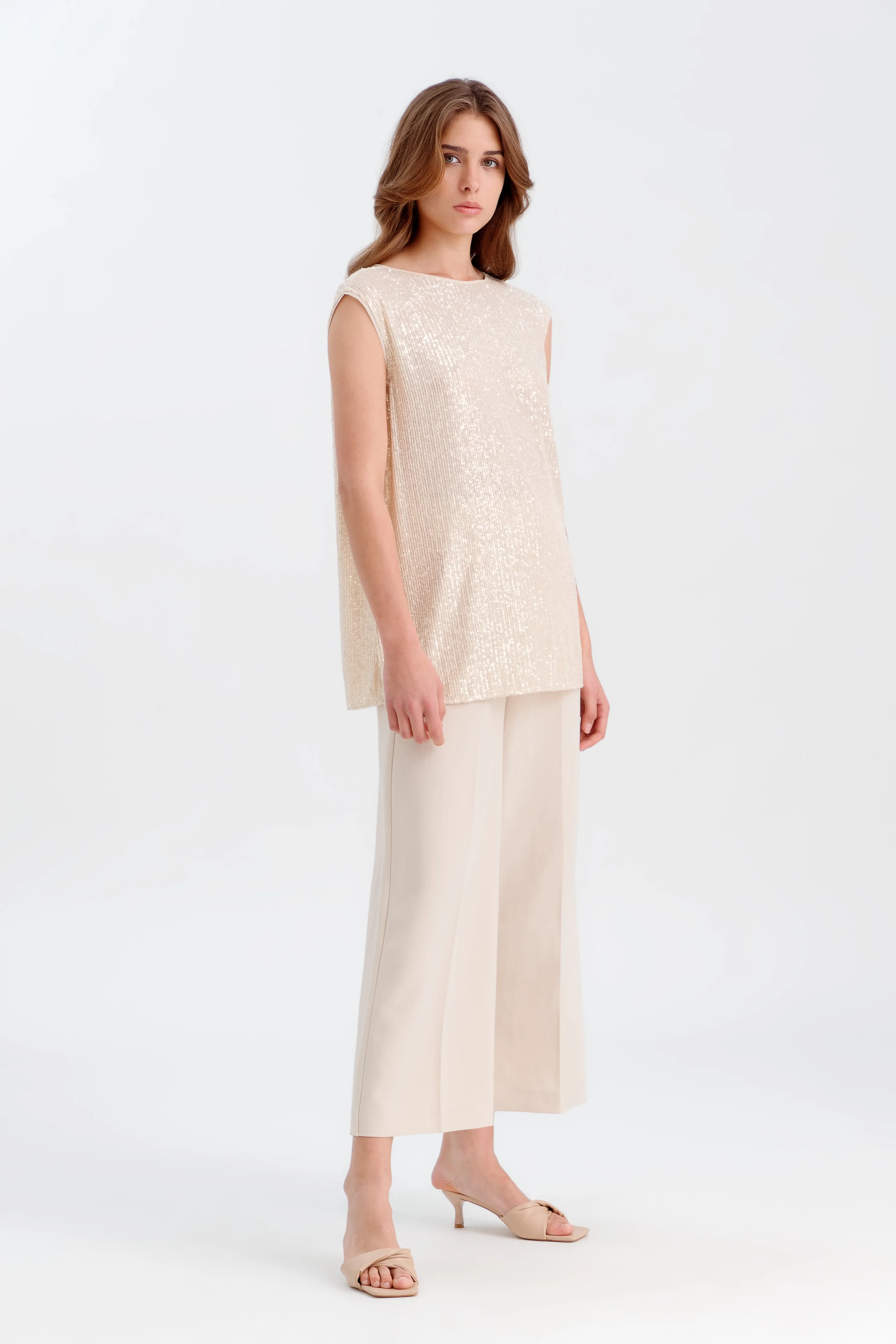 Choice All Over Sequin Sleeveless Blouse Beige