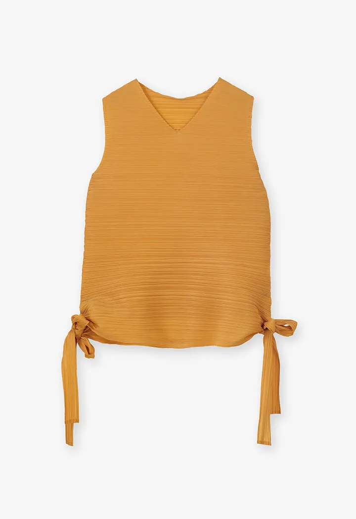 Choice Allover Pleated Top With Tie Detail Mustard