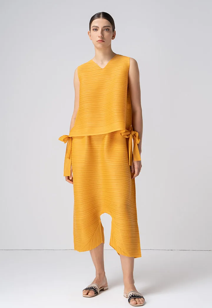 Choice Allover Pleated Top With Tie Detail Mustard