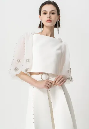 Choice Crystal Embellished Off Shoulder Crop Party Blouse  Offwhite