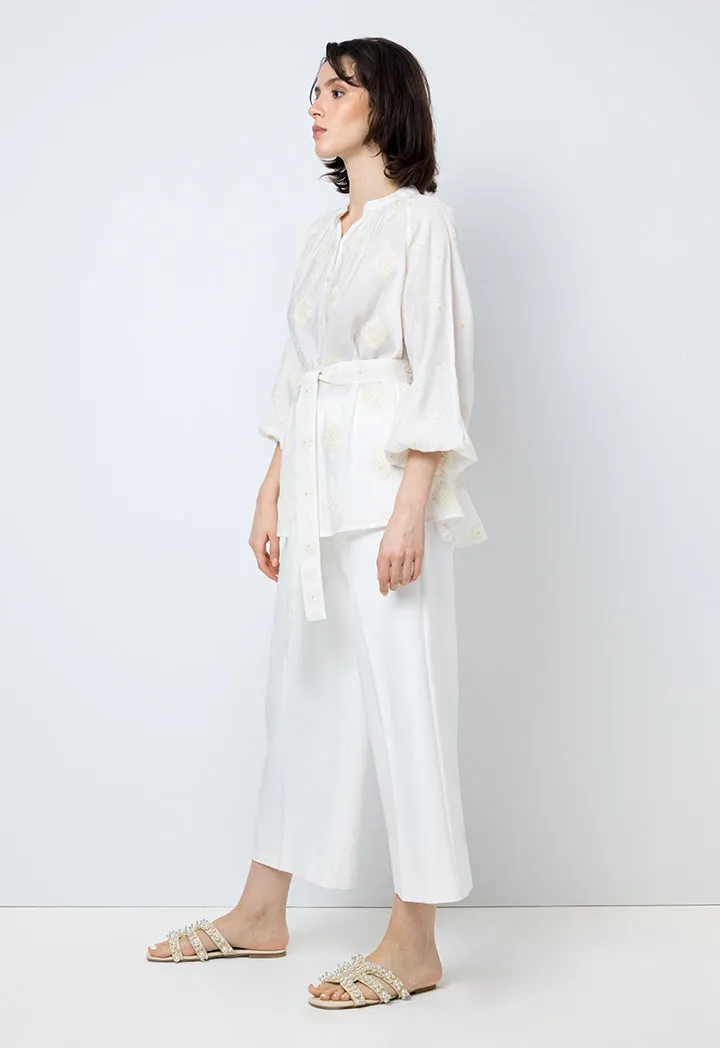 Choice Solid Embroidered Long Sleeves Shirt Offwhite