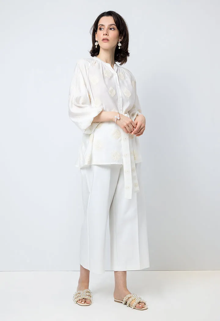 Choice Solid Embroidered Long Sleeves Shirt Offwhite