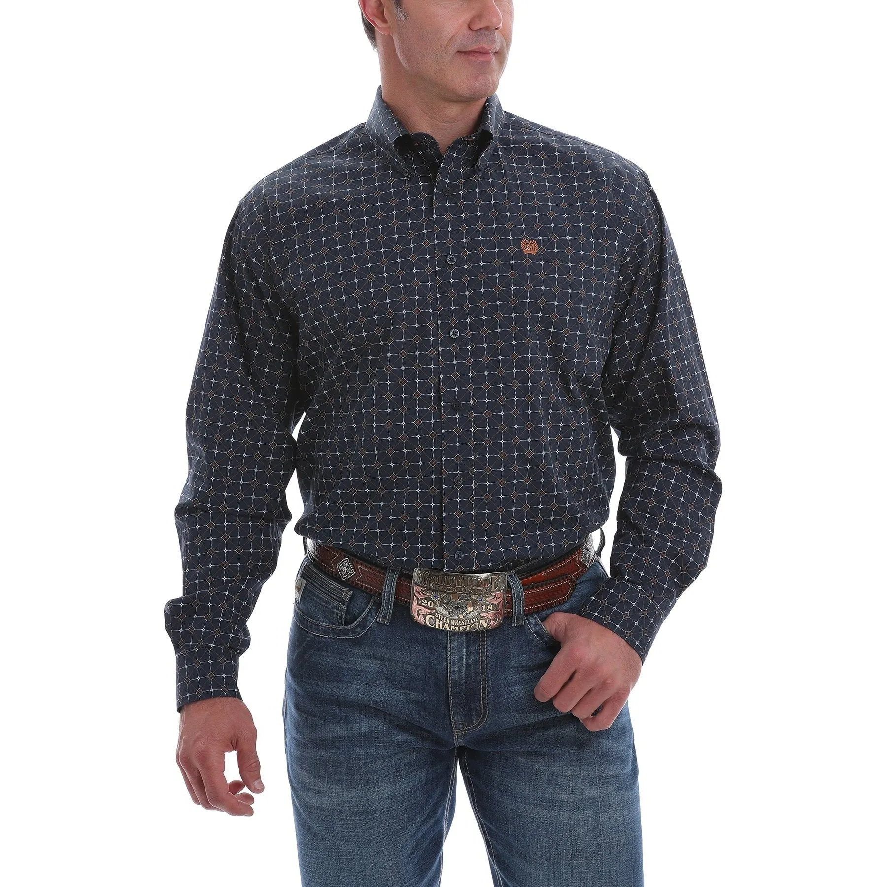 Cinch Men's Geometric Print Button-Down Western Shirt-Navy, Brown and White