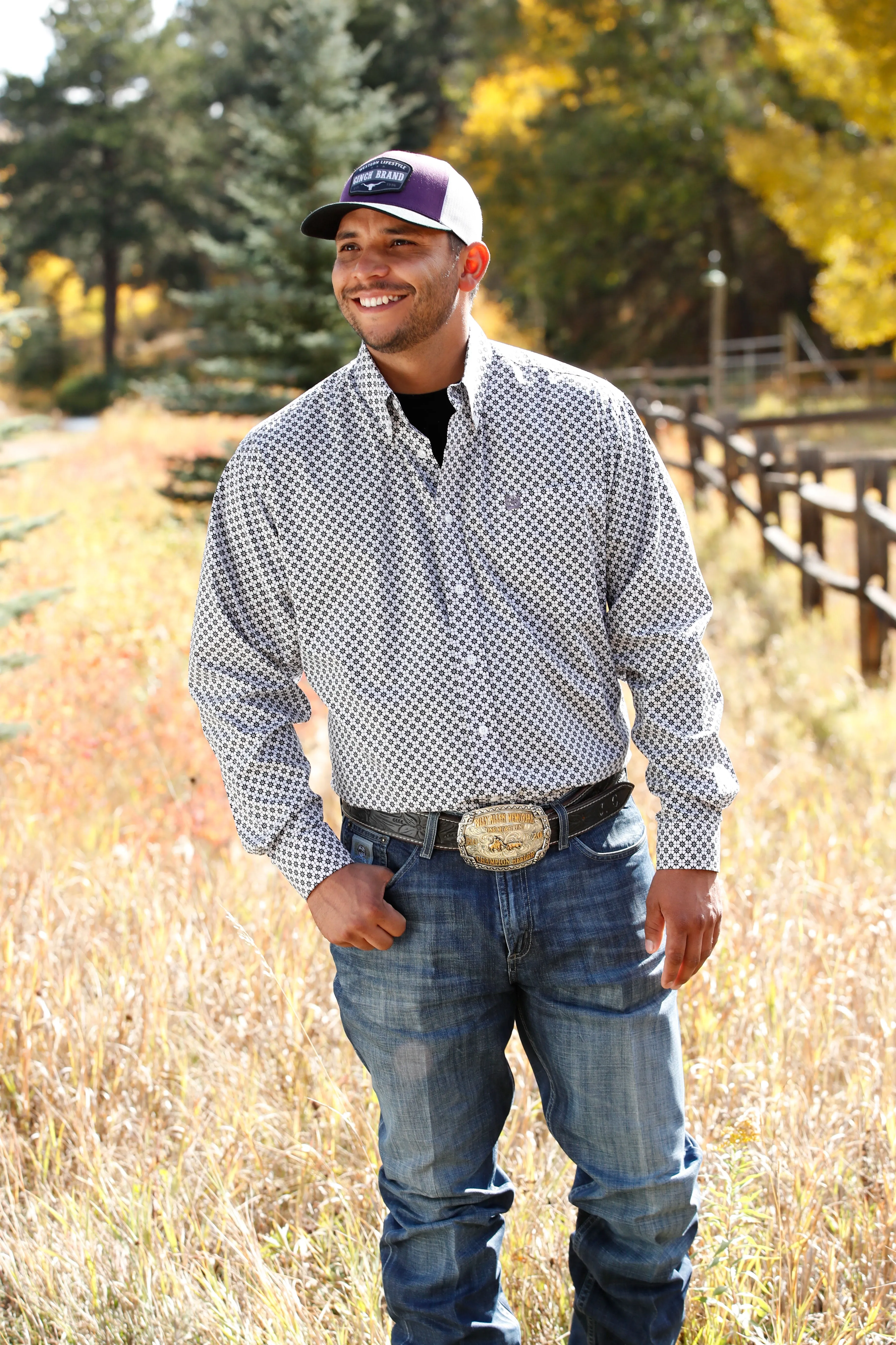 Cinch Men's White and Purple Geometric Button Down Western Shirt