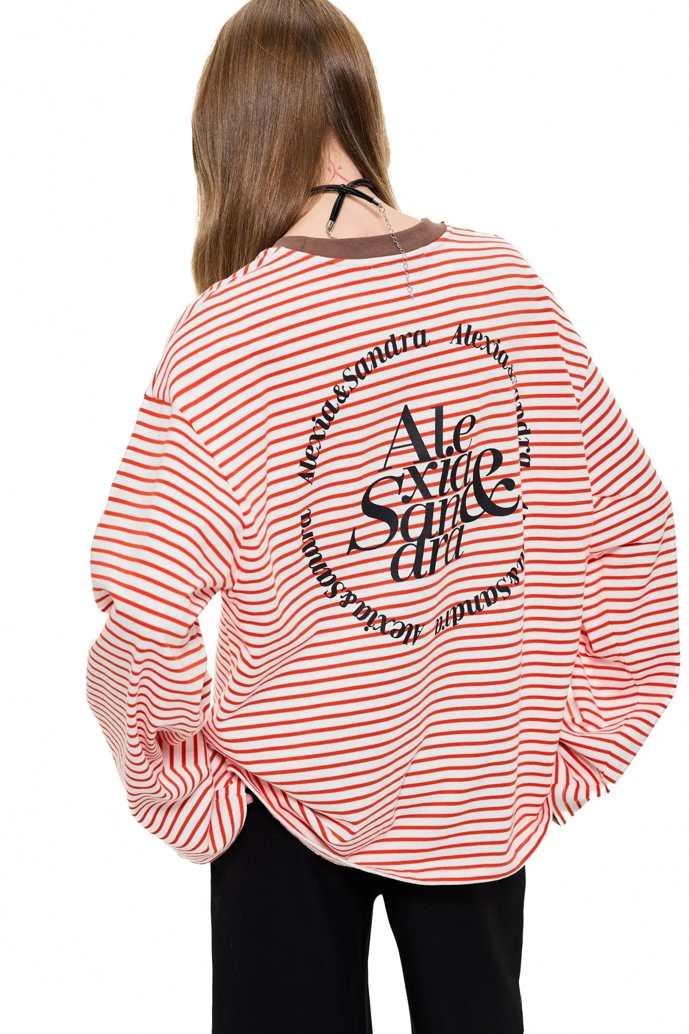 Contrast Collar Rabbit Stripe T-Shirt in Red