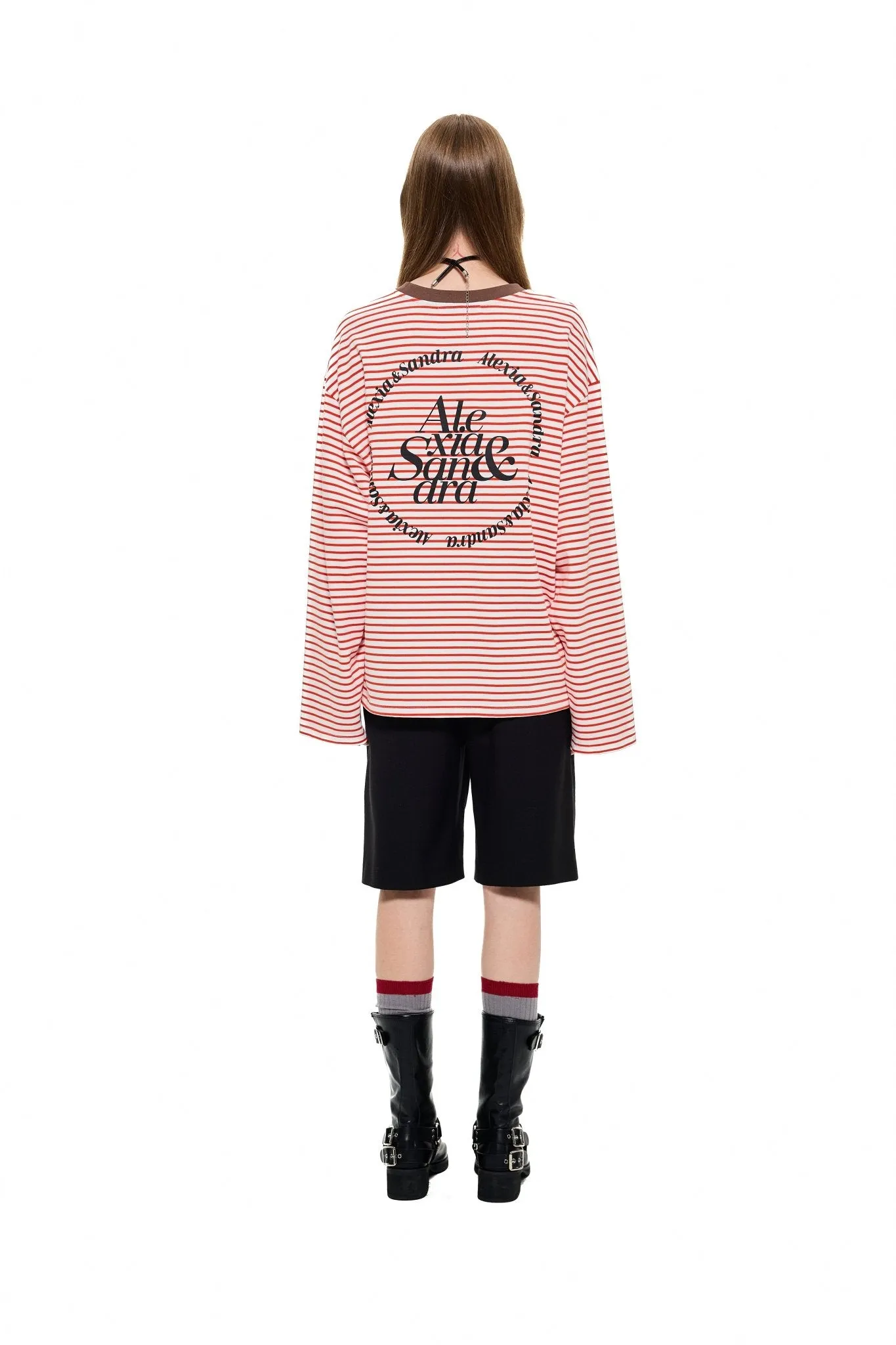 Contrast Collar Rabbit Stripe T-Shirt in Red