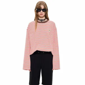 Contrast Collar Rabbit Stripe T-Shirt in Red