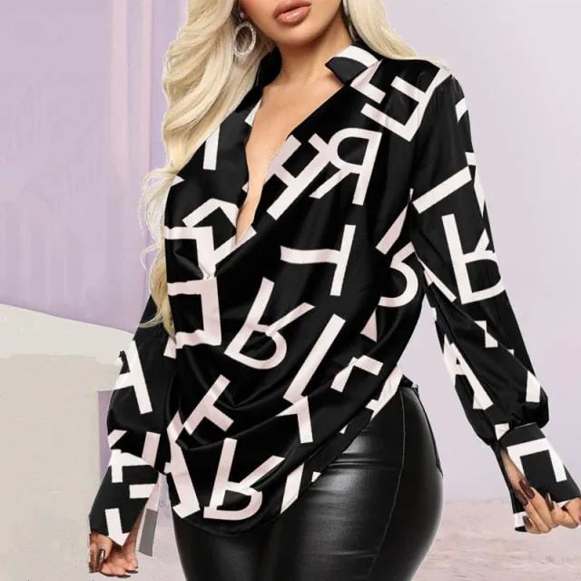 Deep Cowl Neck Graphic Print Long Sleeve Top
