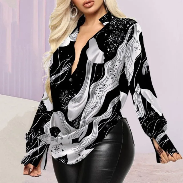 Deep Cowl Neck Graphic Print Long Sleeve Top