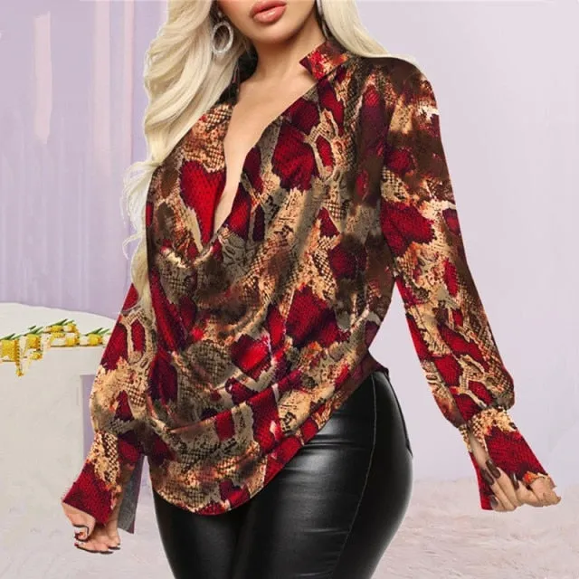 Deep Cowl Neck Graphic Print Long Sleeve Top