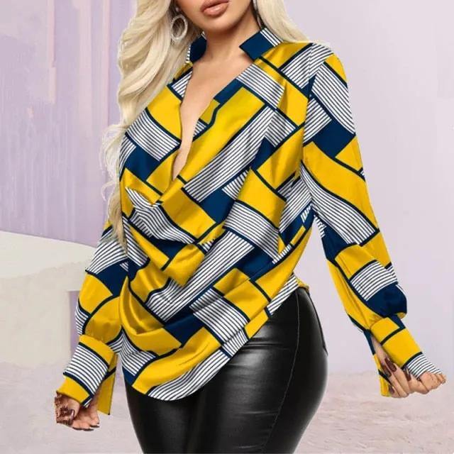 Deep Cowl Neck Graphic Print Long Sleeve Top