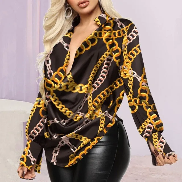 Deep Cowl Neck Graphic Print Long Sleeve Top
