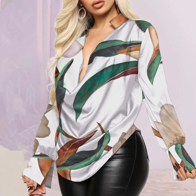 Deep Cowl Neck Graphic Print Long Sleeve Top