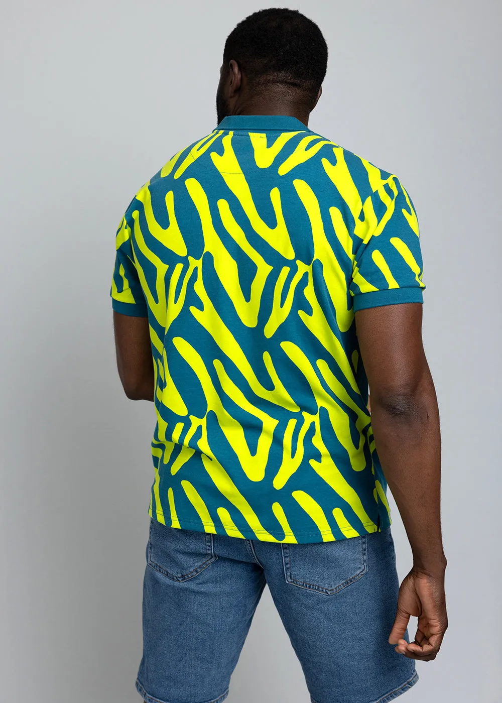 Femi Men's African Print Polo Shirt (Lime Zebra Abstract)
