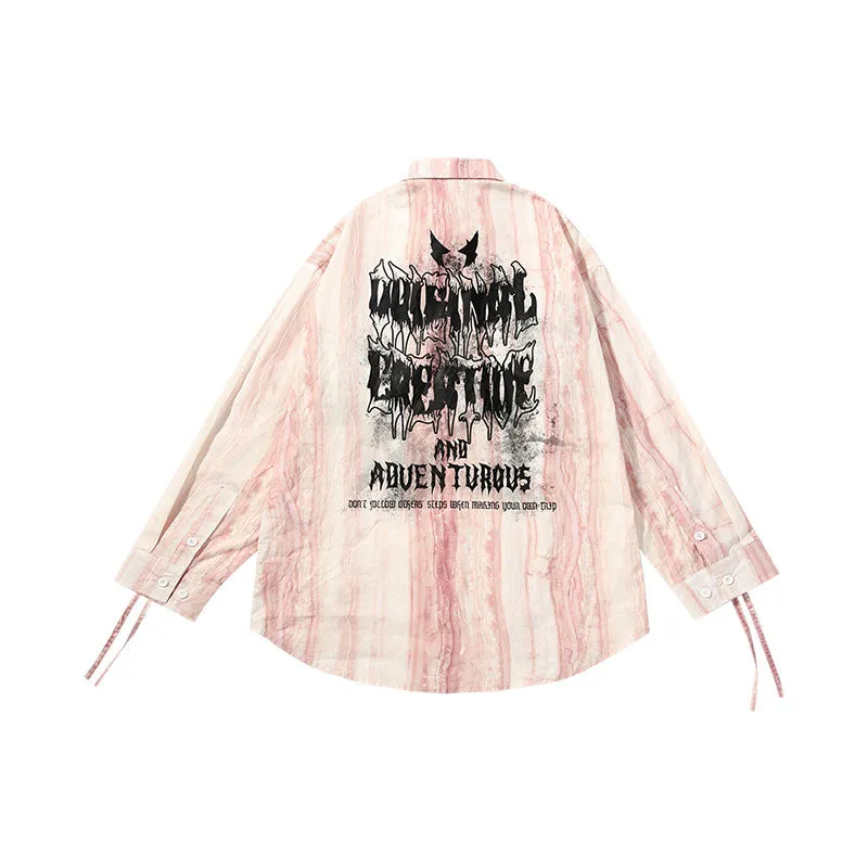 【GENANX2024NEW】Marble-textured ink-letter-printed cotton long-sleeved shirt with pull-up sleeves