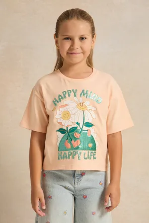 Girls Orange Printed T-Shirt