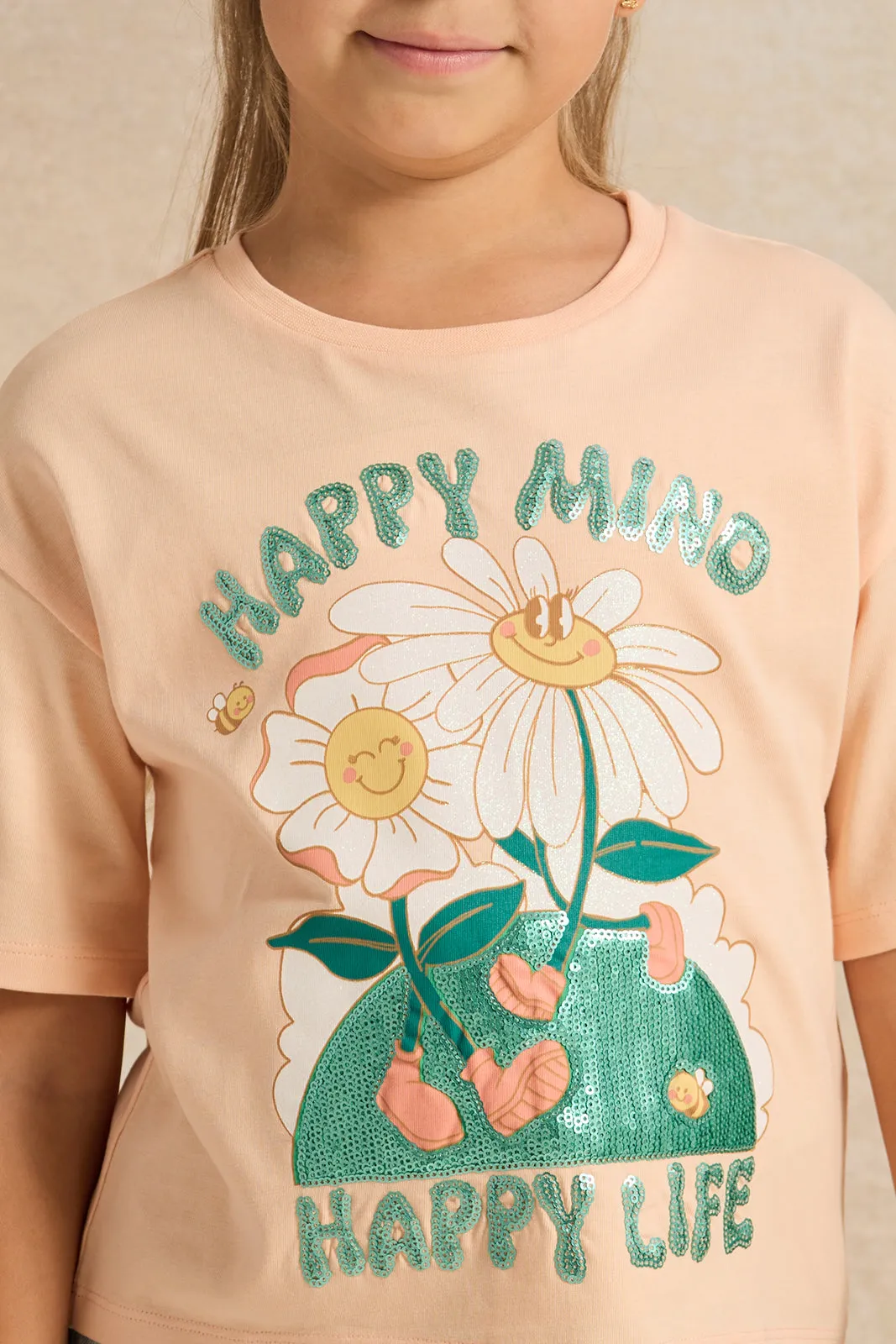 Girls Orange Printed T-Shirt