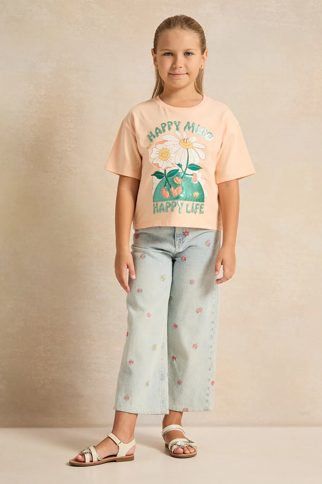 Girls Orange Printed T-Shirt