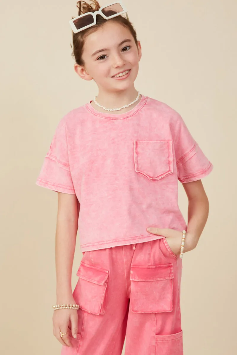 Girls Washed Raw Edge Detail Pocket T Shirt