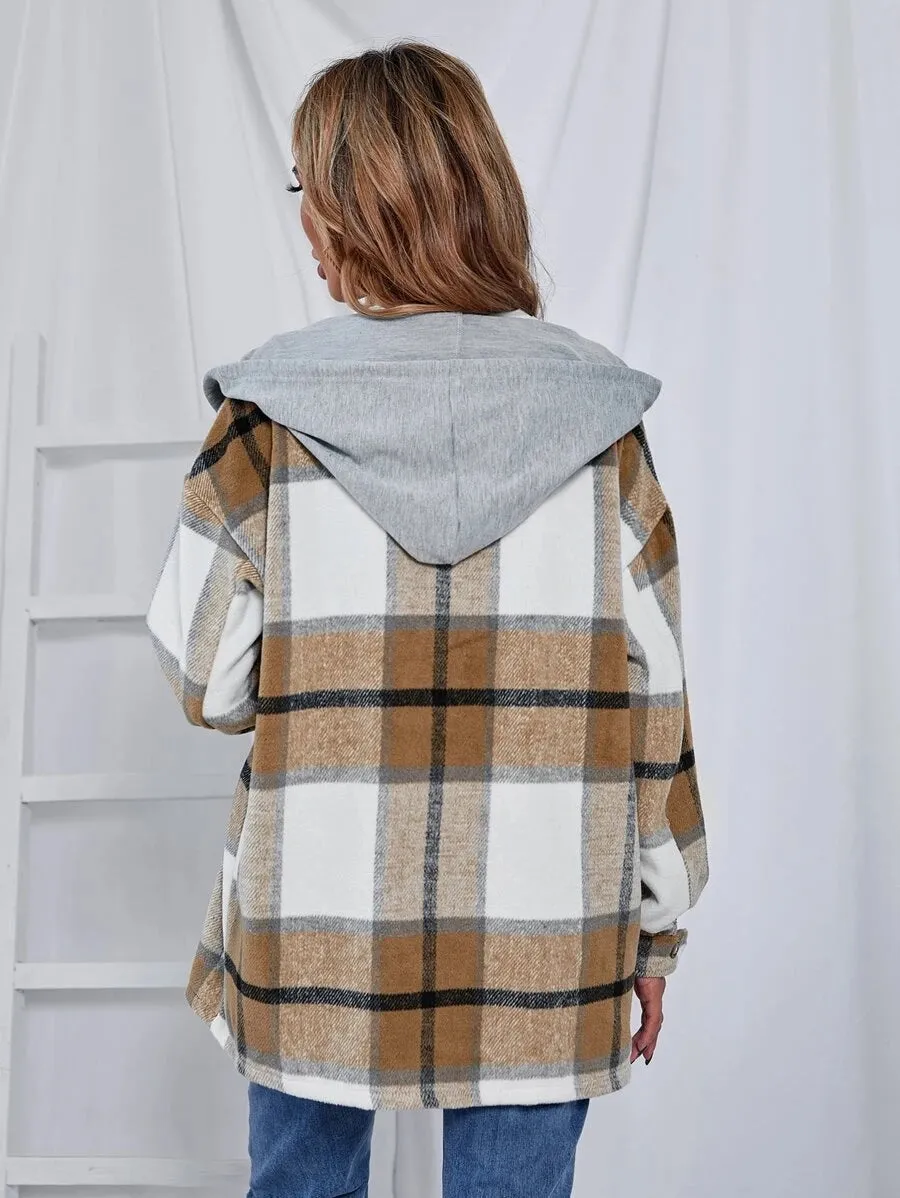 Hooded Drawstring Button Down Jacket Top