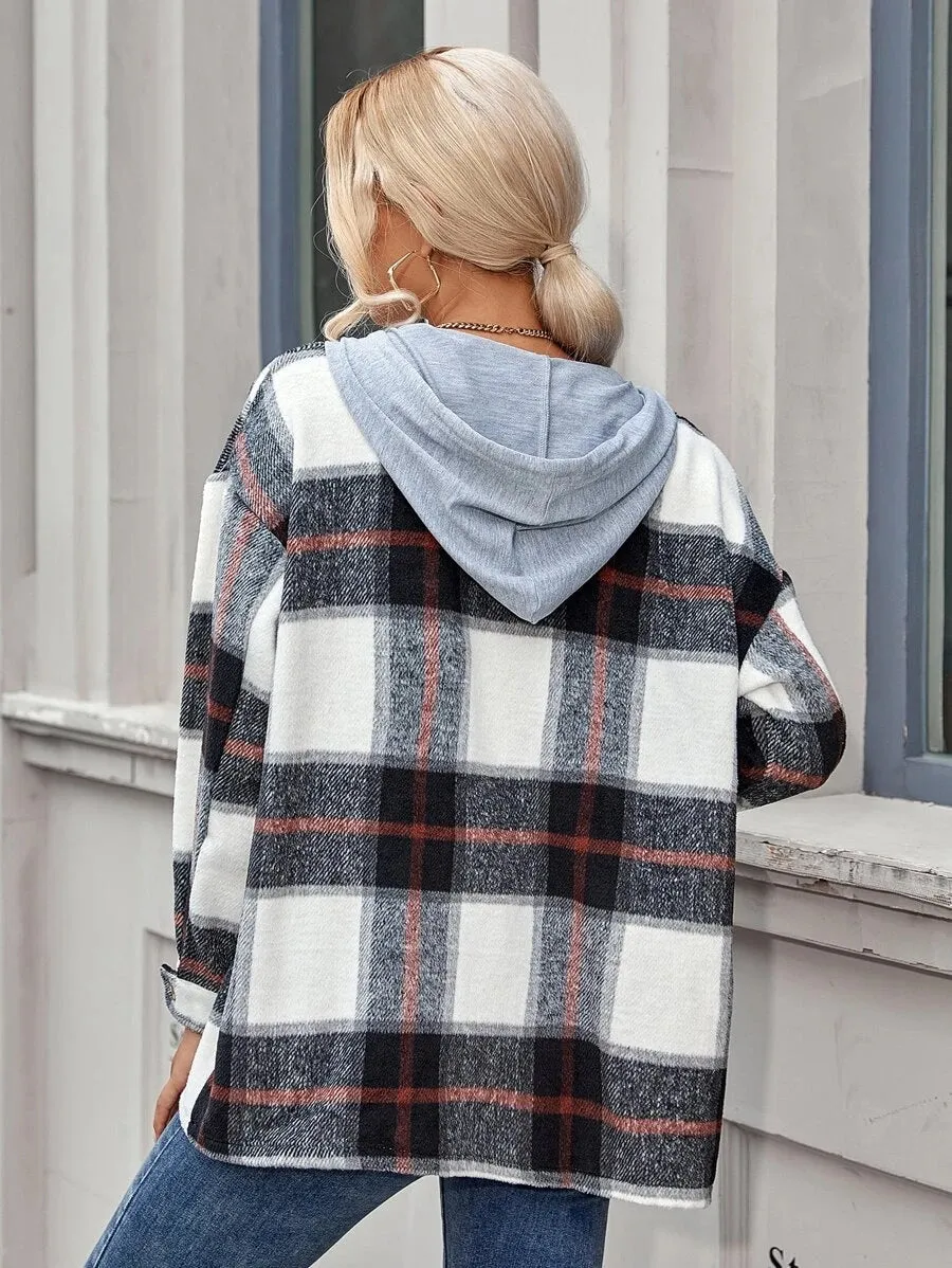 Hooded Drawstring Button Down Jacket Top