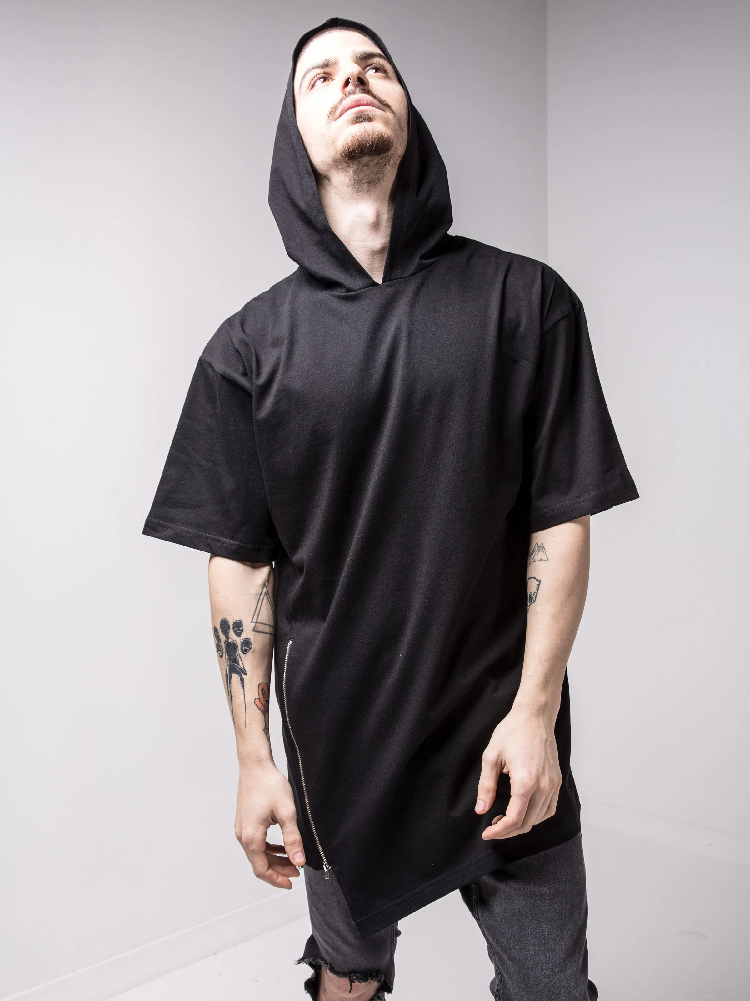 Hooded Side Zip Black T-shirt