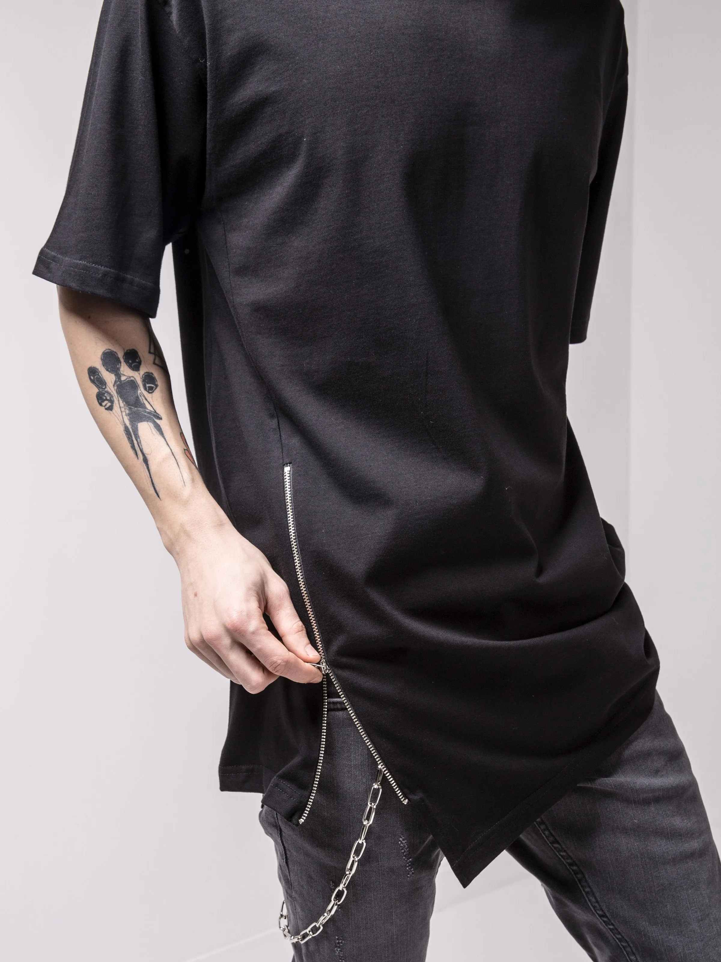Hooded Side Zip Black T-shirt