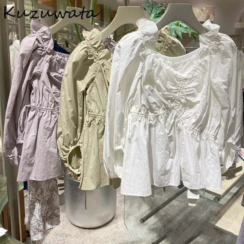 Joskaa Christmas Gift Kuzuwata New Sweet Irregular Pleated Design Women Blouses Japan Style Simple Solid Woman Blusas 2024 Spring  Summer Shirts
