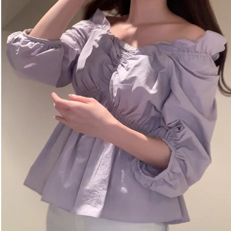Joskaa Christmas Gift Kuzuwata New Sweet Irregular Pleated Design Women Blouses Japan Style Simple Solid Woman Blusas 2024 Spring  Summer Shirts