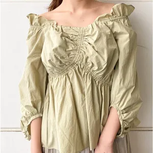 Joskaa Christmas Gift Kuzuwata New Sweet Irregular Pleated Design Women Blouses Japan Style Simple Solid Woman Blusas 2024 Spring  Summer Shirts