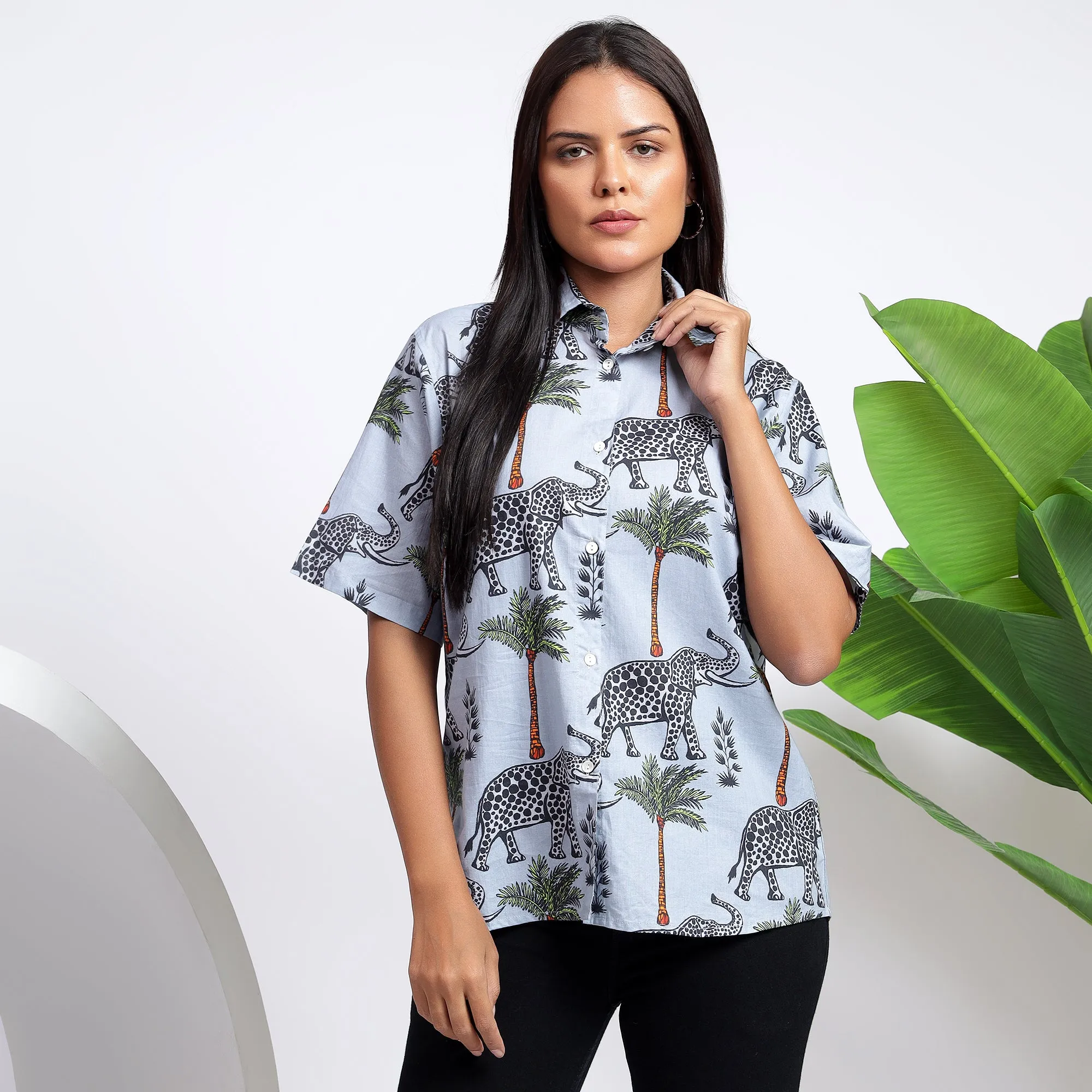 Luxury Women’s Wear ~ Cotton Gray Shirt with Elephant print