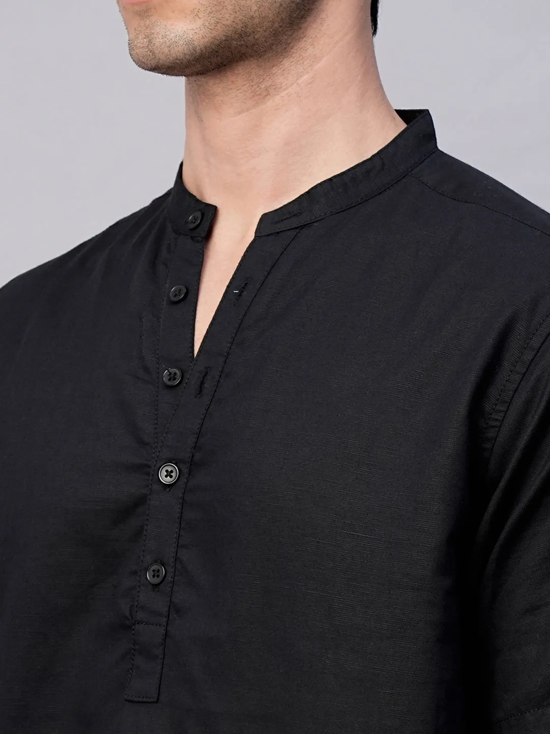 Men's Black Linen Cotton Slim Fit Band Collar Kurta Shirt