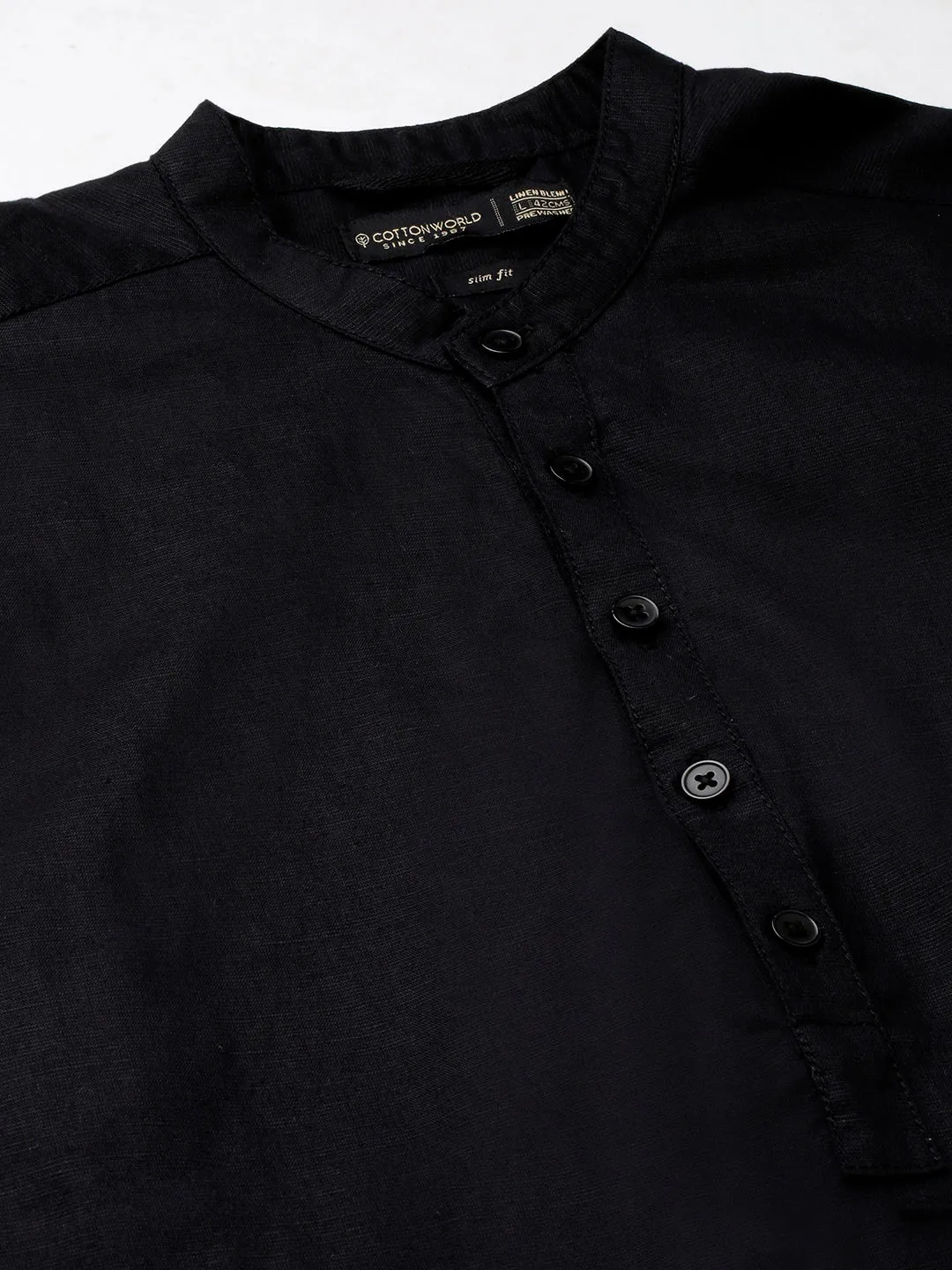 Men's Black Linen Cotton Slim Fit Band Collar Kurta Shirt