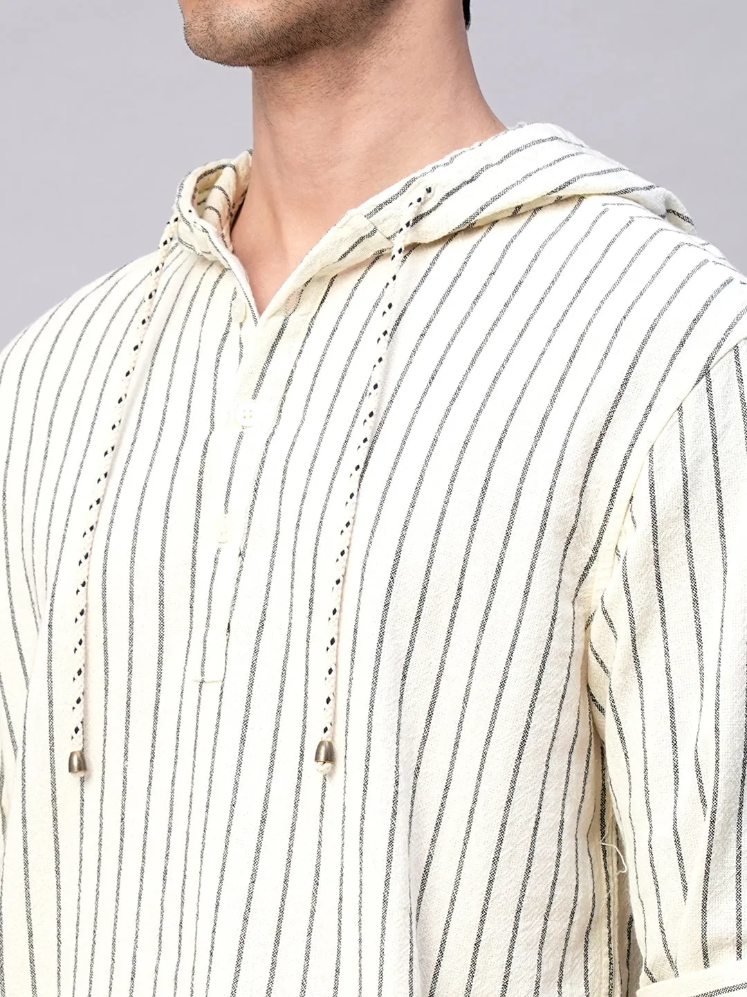 Men's Natural/Black 100% Cotton Regular Fit Hooded  Shirt