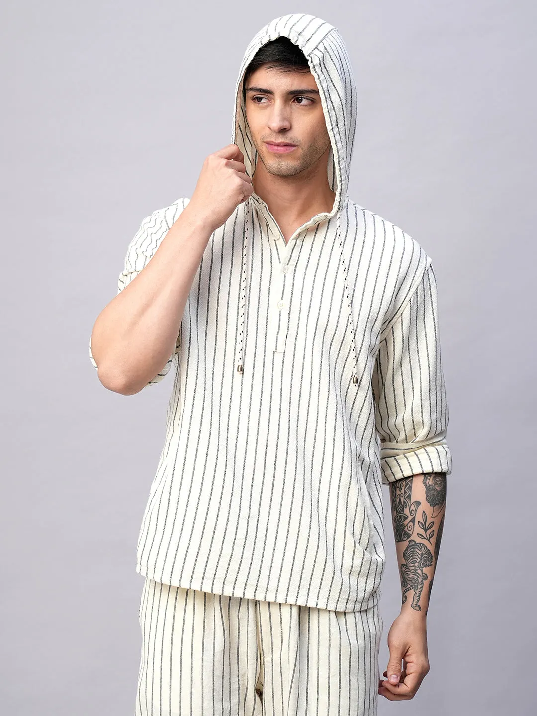Men's Natural/Black 100% Cotton Regular Fit Hooded  Shirt