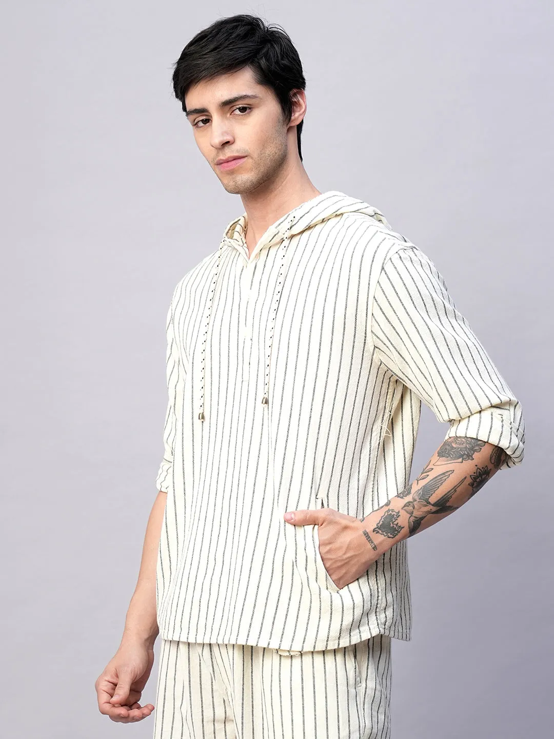 Men's Natural/Black 100% Cotton Regular Fit Hooded  Shirt