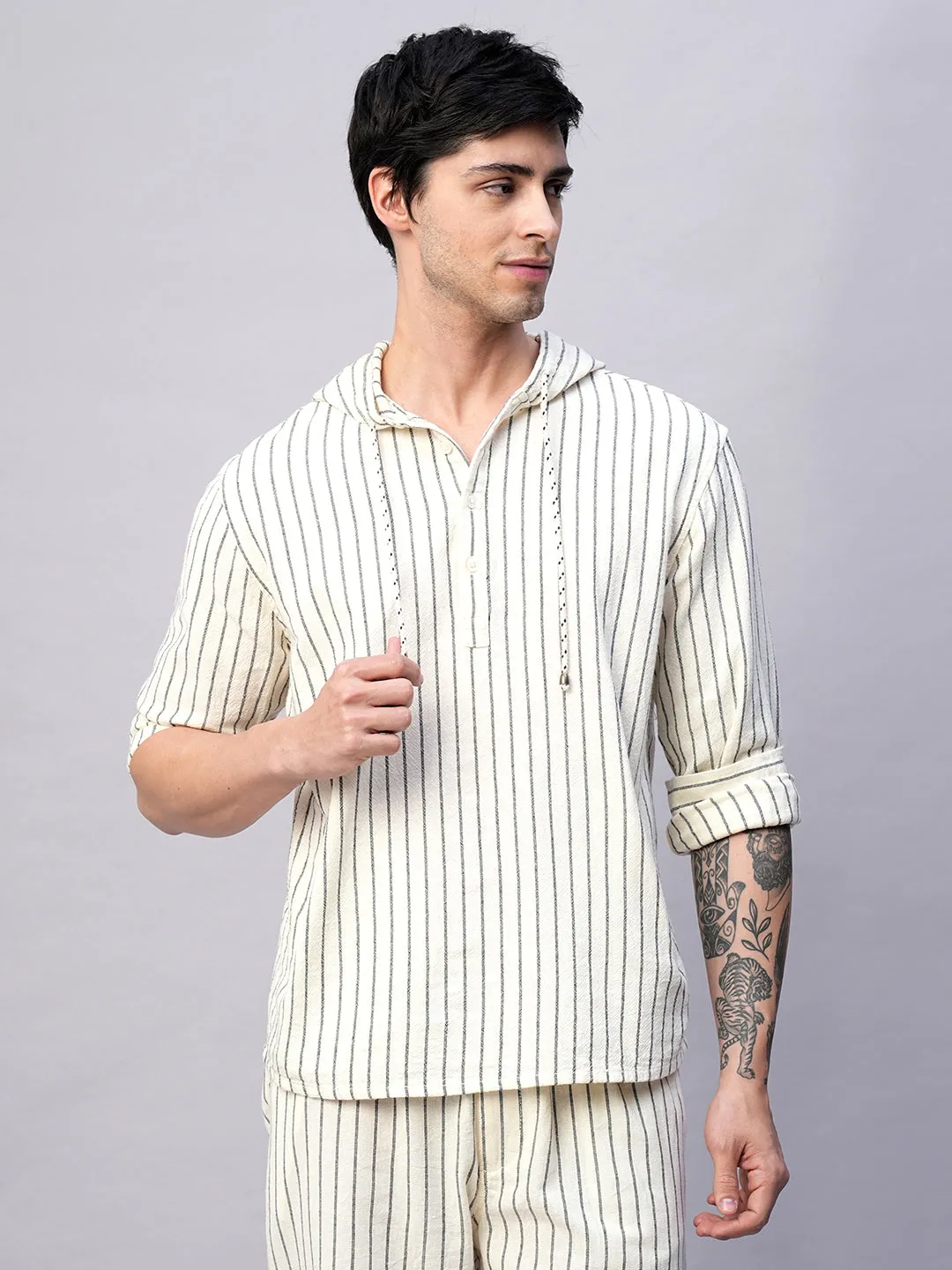 Men's Natural/Black 100% Cotton Regular Fit Hooded  Shirt