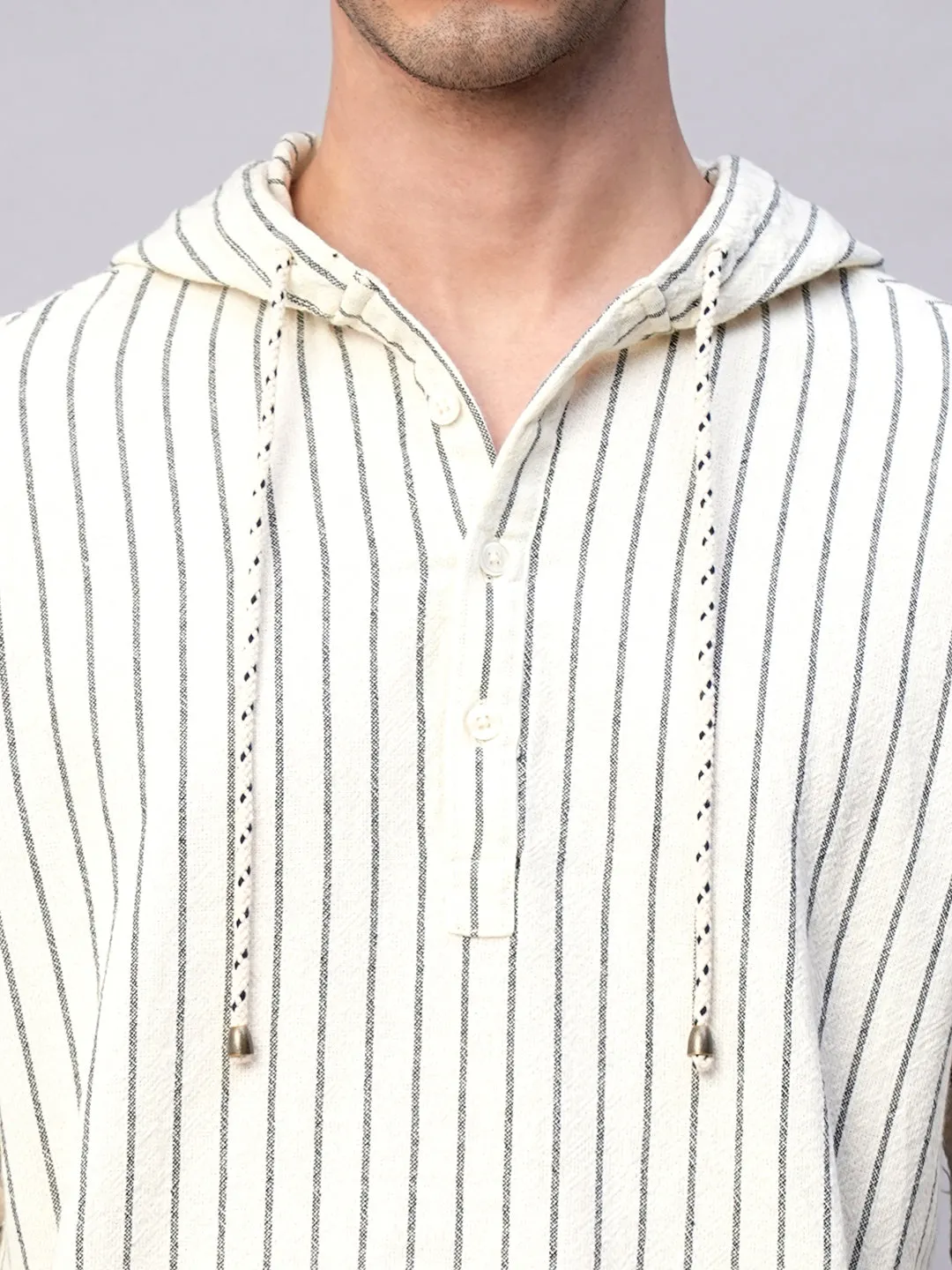 Men's Natural/Black 100% Cotton Regular Fit Hooded  Shirt