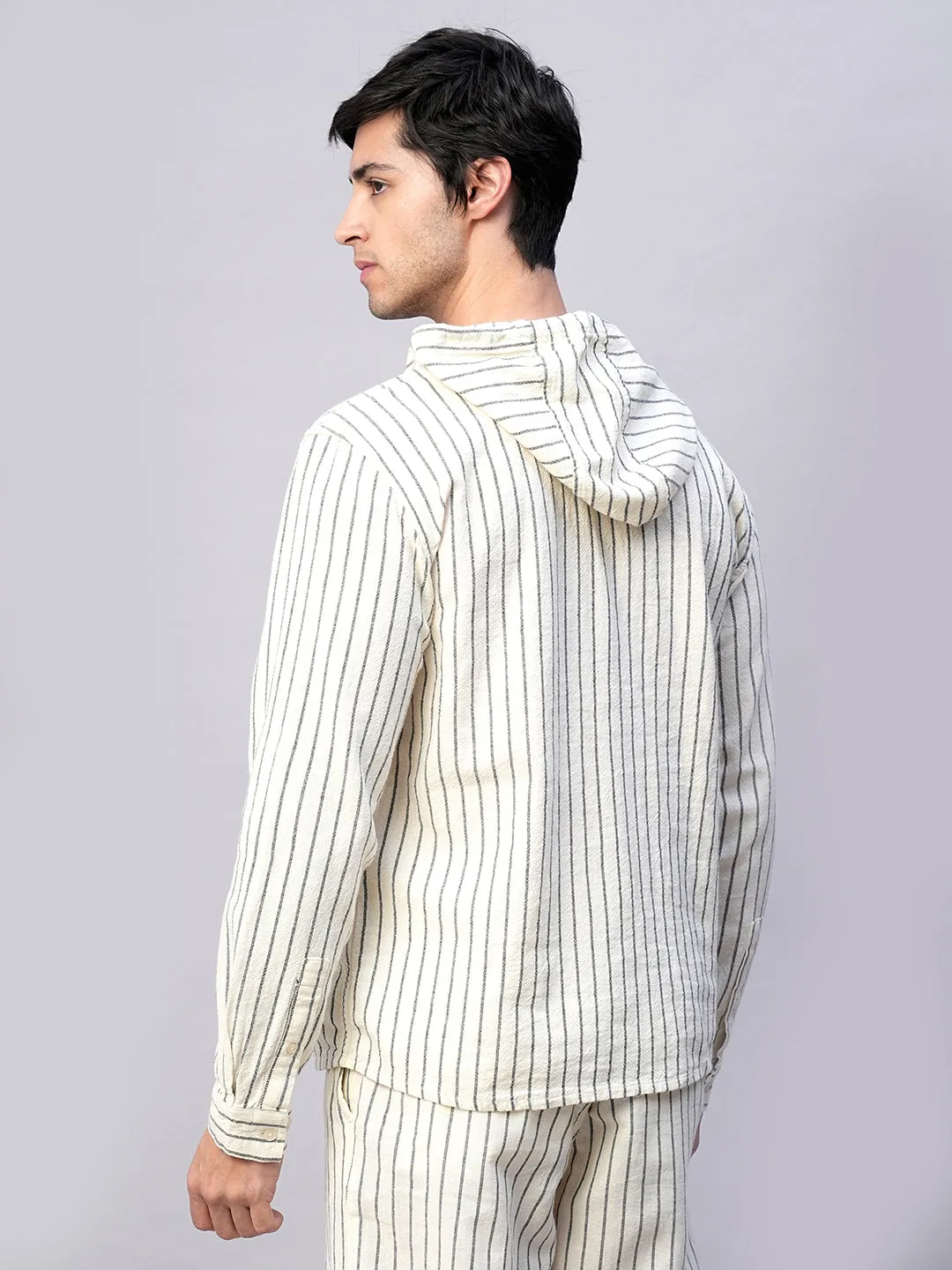 Men's Natural/Black 100% Cotton Regular Fit Hooded  Shirt