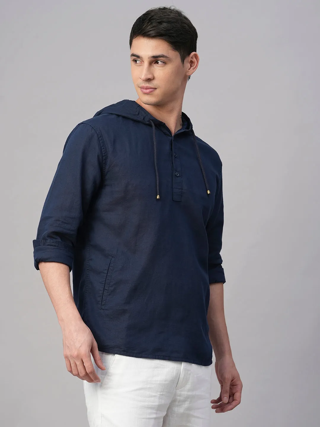 Men's Navy Cotton Linen Regular Fit Hooded Shirt