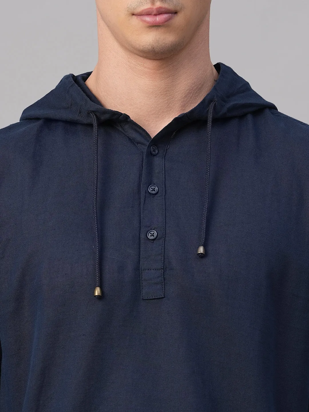 Men's Navy Cotton Linen Regular Fit Hooded Shirt