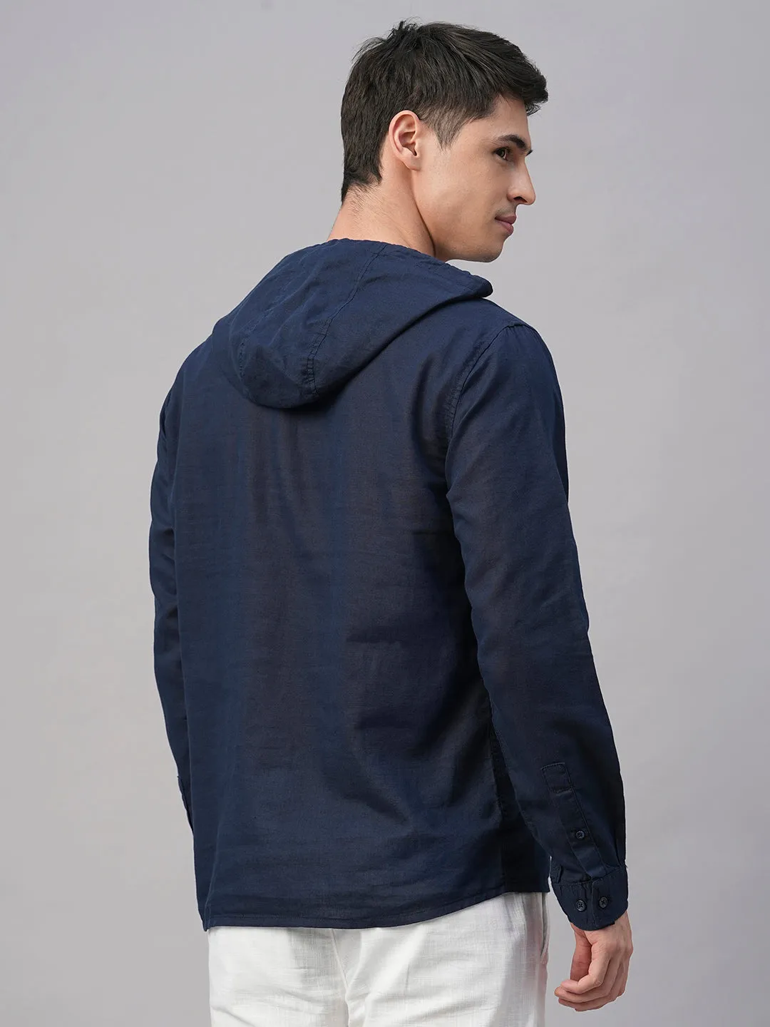 Men's Navy Cotton Linen Regular Fit Hooded Shirt