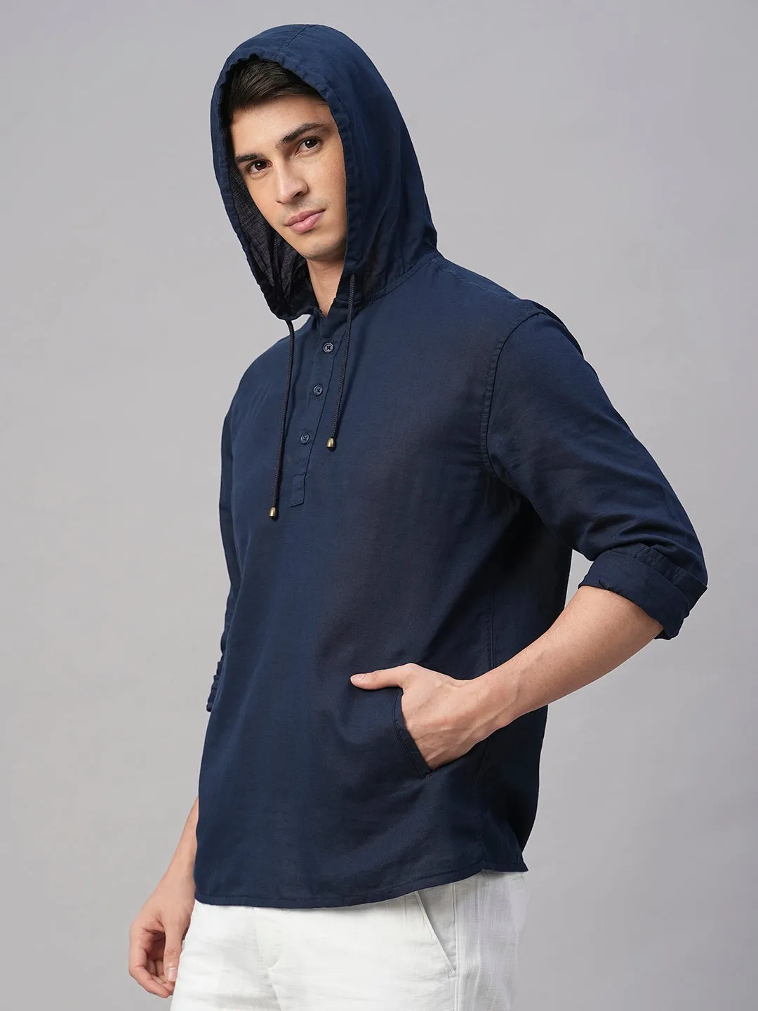 Men's Navy Cotton Linen Regular Fit Hooded Shirt