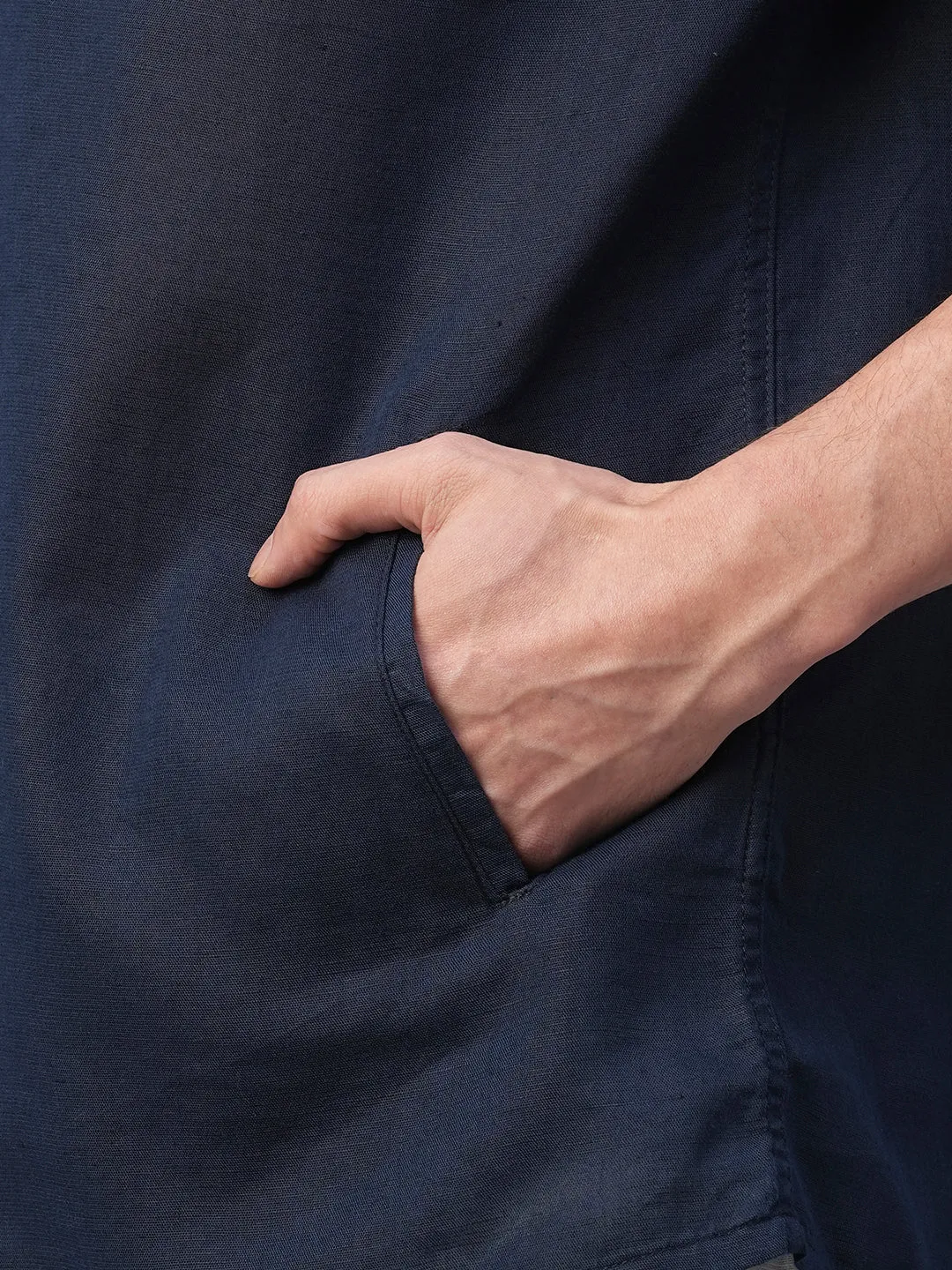 Men's Navy Cotton Linen Regular Fit Hooded Shirt